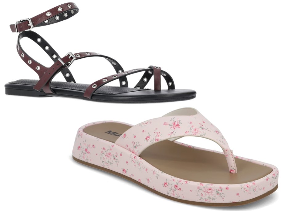 No Boundaries Women’s Strappy Flat Sandals and Mia Slide Thongs