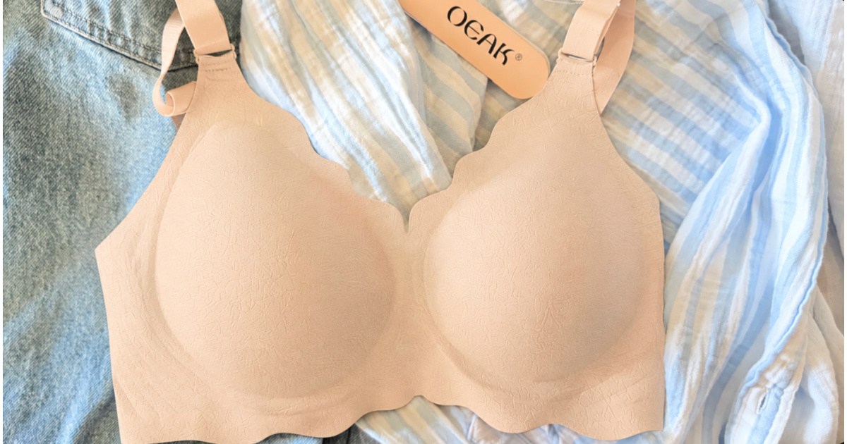 pink jelly bra next to striped shirt