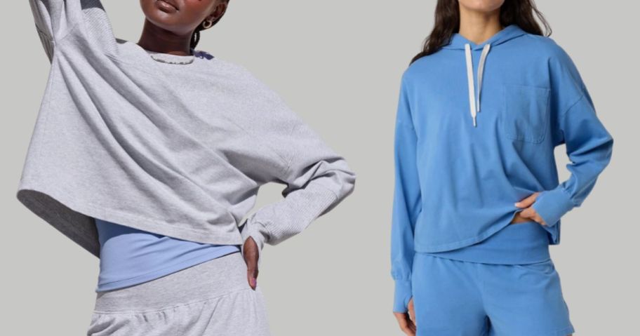 grey Offline By Aerie OG Cotton Crewneck T-Shirt and blue hoodie