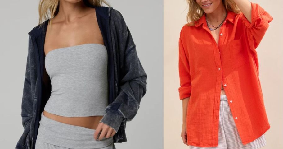 grey Offline By Aerie Thumbs Up Heavyweight Tube Top and orange Aerie Day-Off Cover Up Shirt