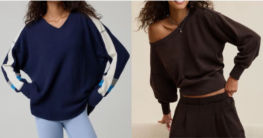 blue Offline By Aerie Wow! Waffle Long Sleeve T-Shirt and brown Aerie Go-To Off The Shoulder Sweatshirt