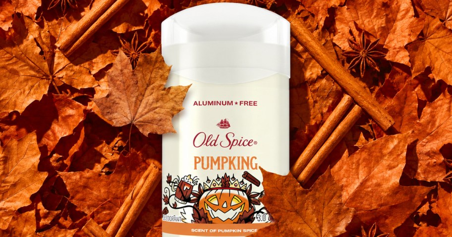 stick of Old Spice Men's PumpKing Aluminum Free Deodorant laying in leaves