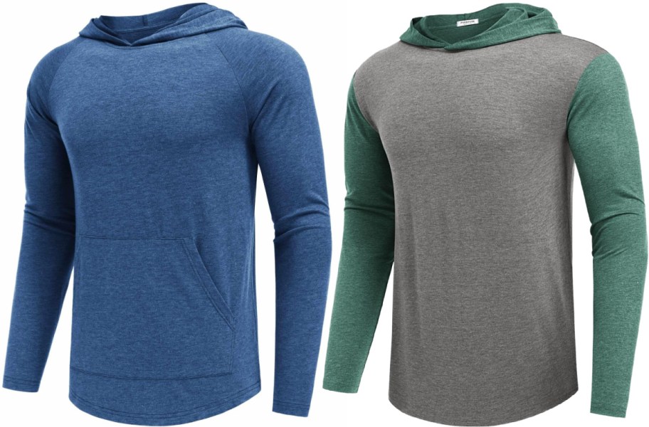Two lightweight men's hoodies, featuring a solid heather blue pullover with a kangaroo pocket on the left and a colorblock style with a grey body and green sleeves and hood on the right.