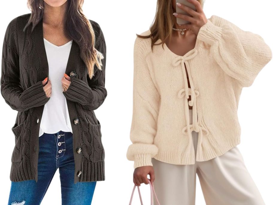 two women wearing PRETTYGARDEN Women's Cable Knit Cardigan Sweater and UNCLECAT Women's Bow Tie Front Cardigan Sweater