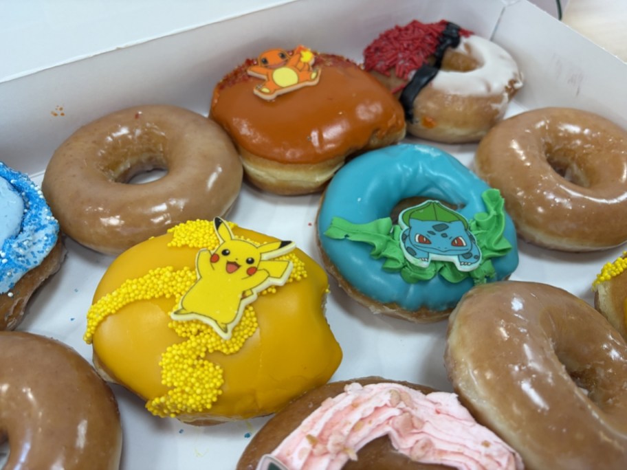 box of pokemon themed krispy kreme donuts in box on table