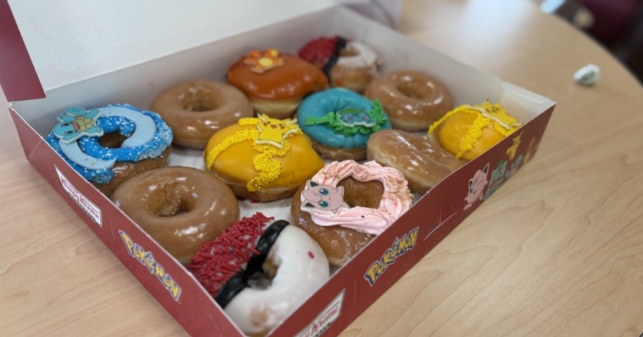 box of pokemon themed krispy kreme donuts in box on table
