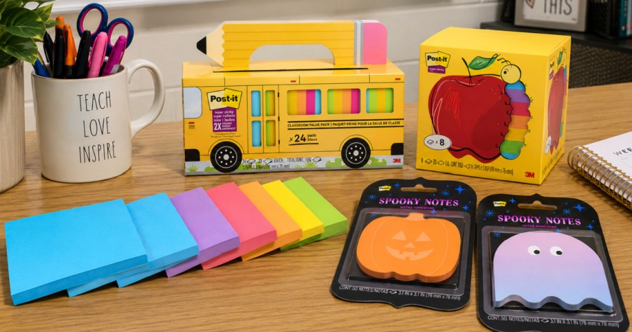 Teachers desk featuring different Post-it products