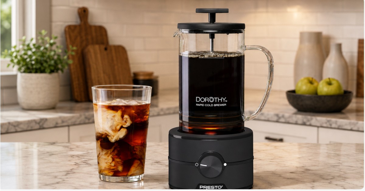 Presto cold brew on countertop next to glass of iced coffee
