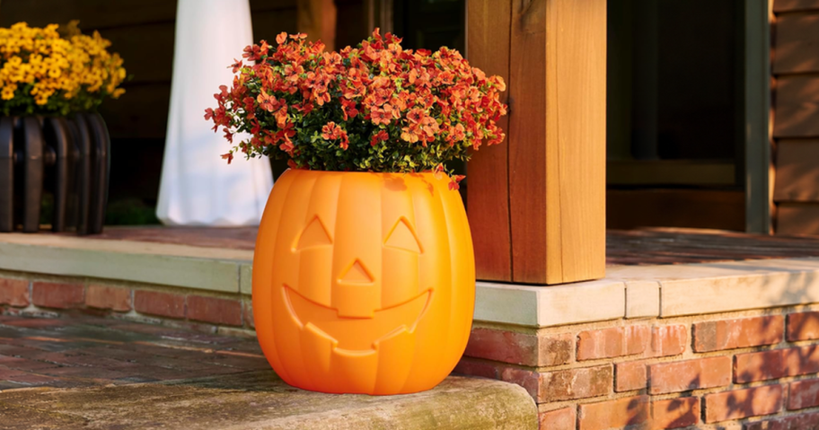 Orange jack-o&rsquo;-lantern planter filled with orange fall flowers on a brick porch step.
