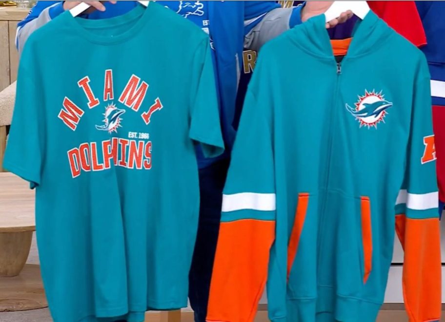 Miami Dolphins Tee and Hoodie on Hangers