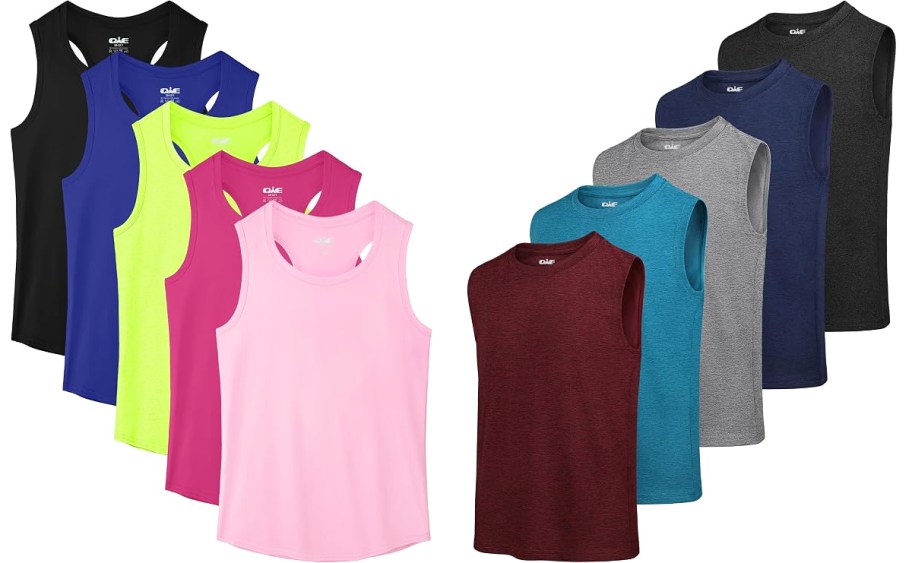 two 5-pack sets of colorful tank tops