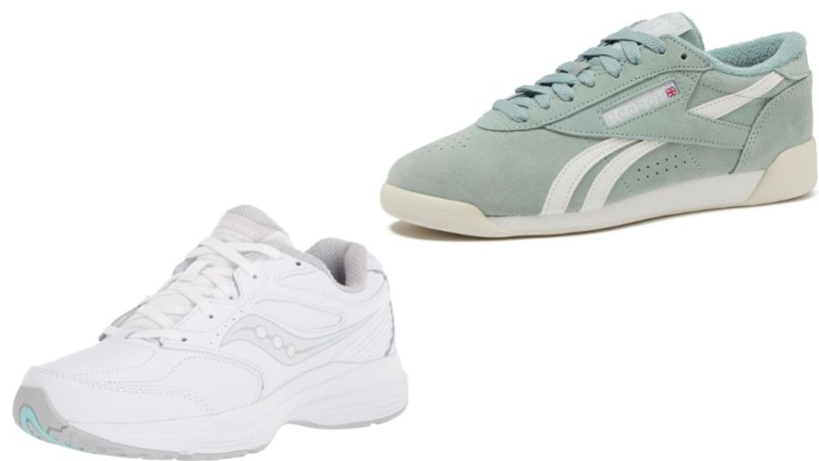 White saucony shoes and green reebok shoes