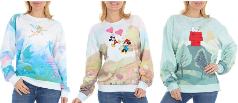 Stock images of 3 women wearing Disney & Peanuts Character Sweatshirts