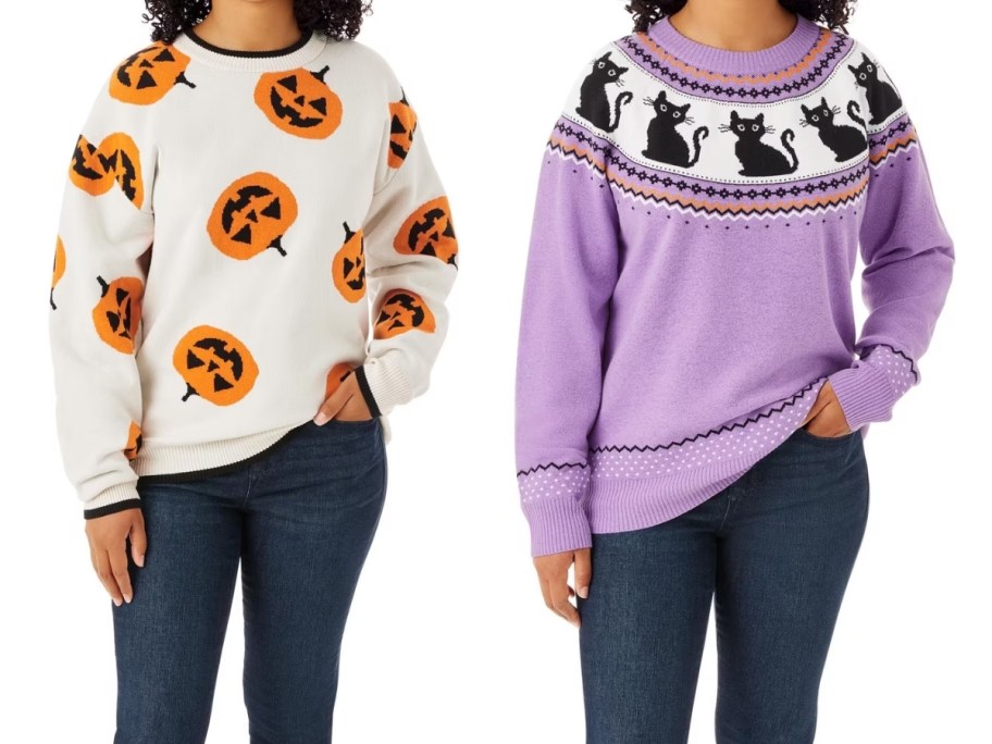 stock images of women wearing halloween sweaters with pumpkins and black cats