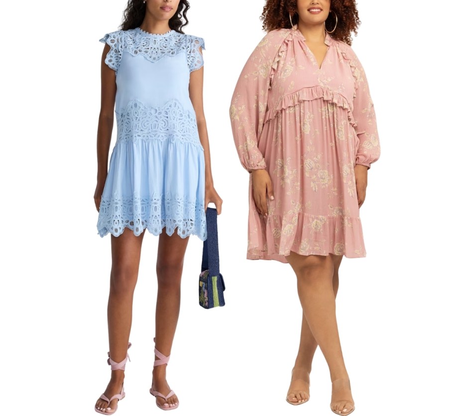 woman in a sleevels blue dress with lace trim and a woman in a pink long sleeve tierd mini dress
