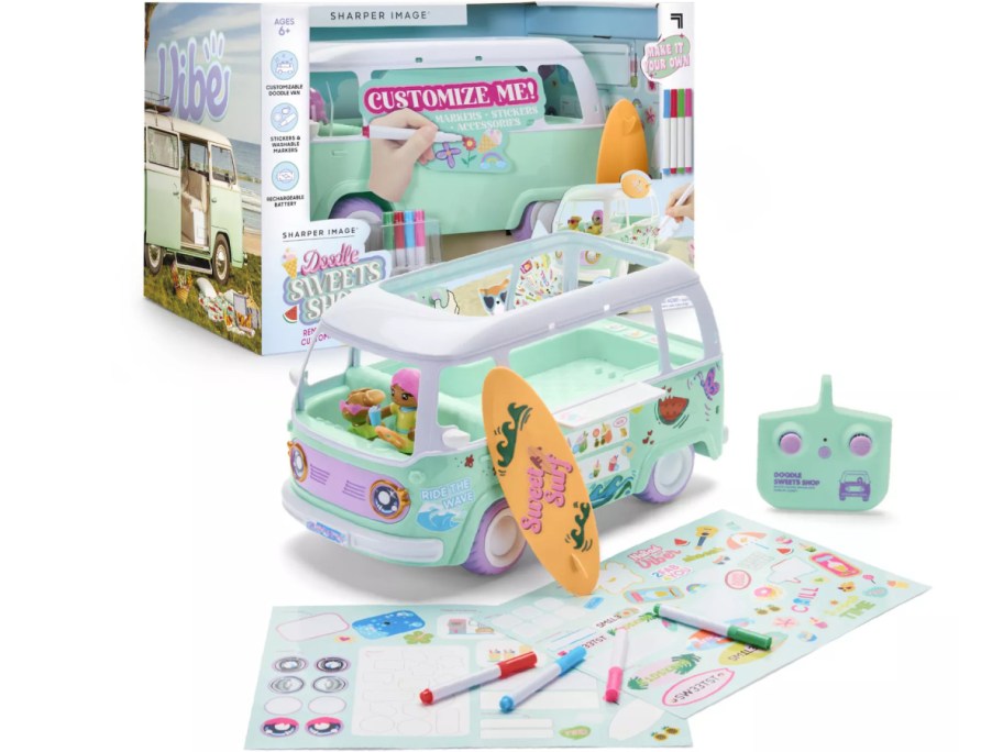 Sharper Image Doodle Sweets Shop remote-controlled customizable van toy set featuring its packaging, a green and purple RC van with a surfboard, a remote control, and sheets of stickers and markers.