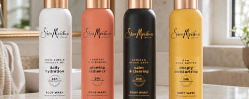 Shea moisture body wash bottles on bathroom countertop