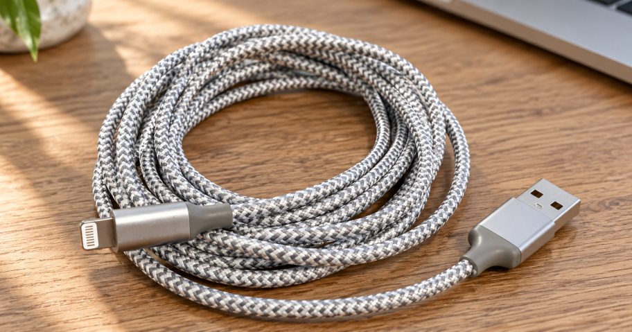 Silver braided USB to Lightning charging cable coiled on a wooden desk with both connectors visible.