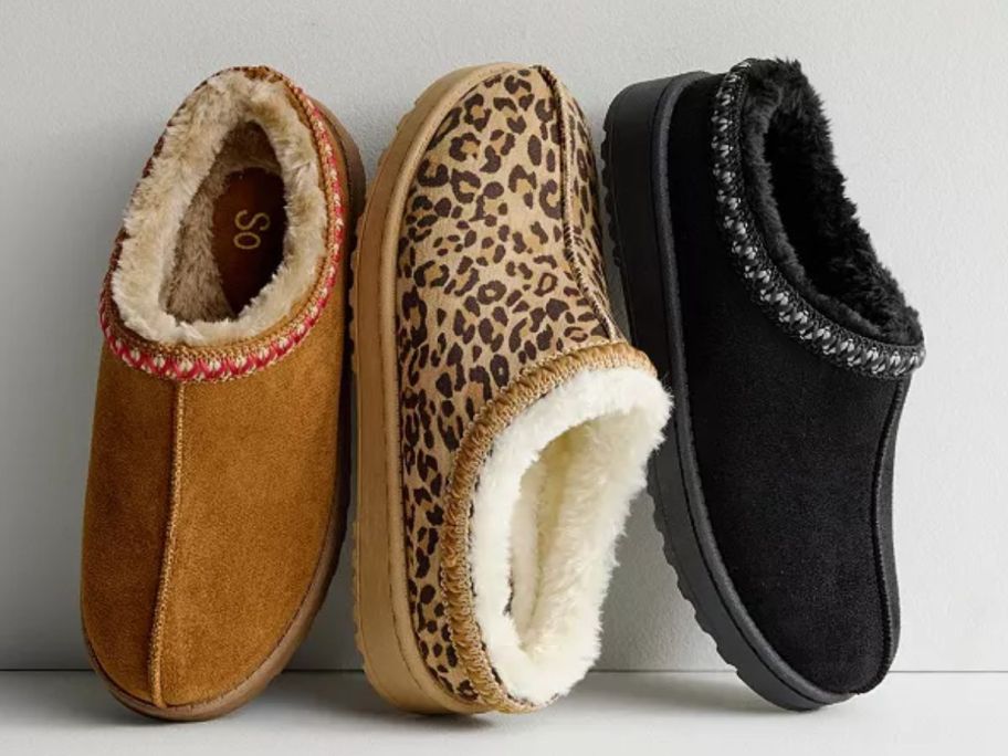 3 SO Women's Slip-On Slippers in tan, leopard print and black