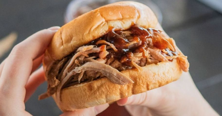Hands holding a Sonny's BBQ pulled pork sandwich