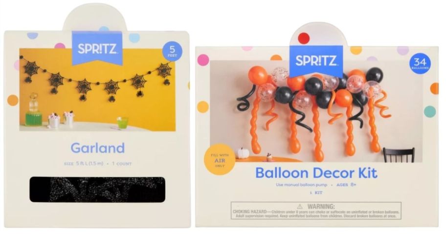 Spritz Halloween Spider & Glitter Spiderwebs Garland Party Decoration and 34-Count Mixed Pack Halloween Latex Balloon Kit