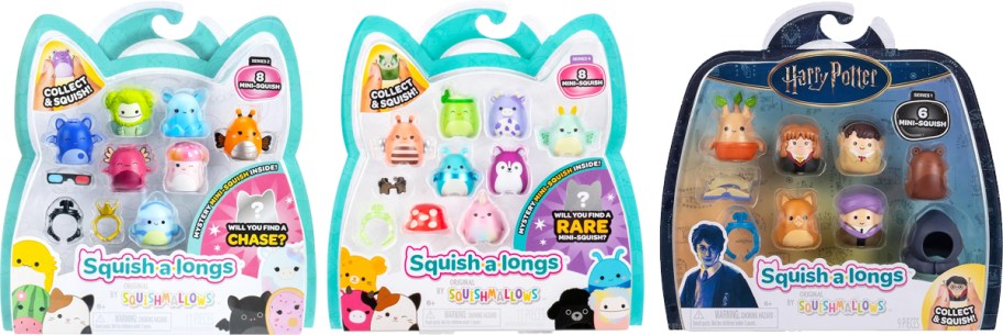 three sets of Squish-a-longs toys in a row