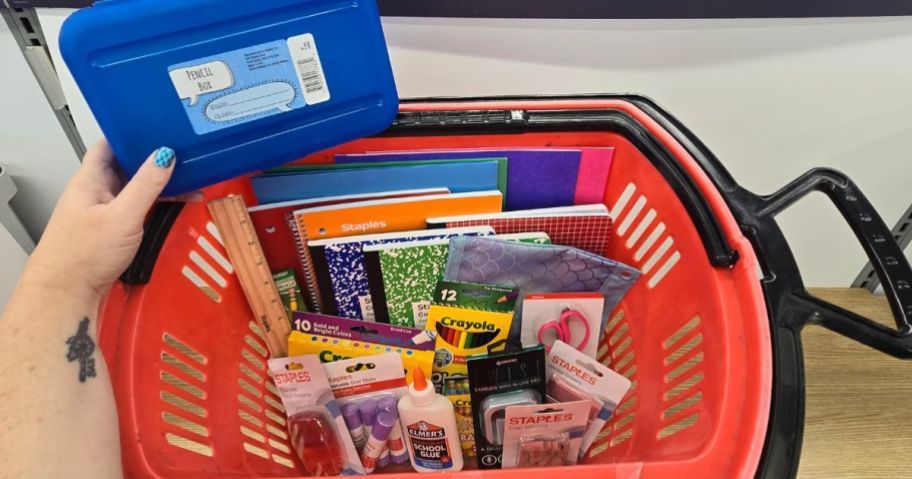 A basket of Staples School Supplies
