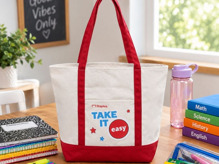 Free staples tote bag on top of the table with school supplies