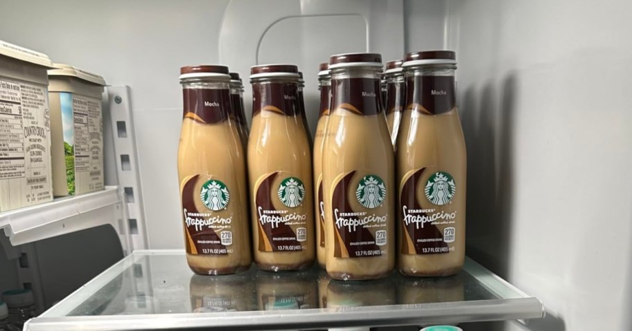 Starbucks Frappuccino bottles in a refrigerator