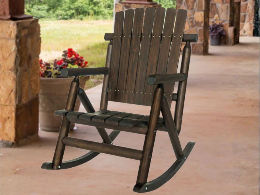 Style Selections Joyful Days Dark Brown Wood Frame Rocking Chair on porch