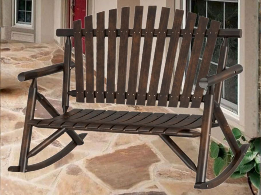 Style Selections Joyful Days Loveseat Dark Brown Wood Frame Rocking Chair on porch