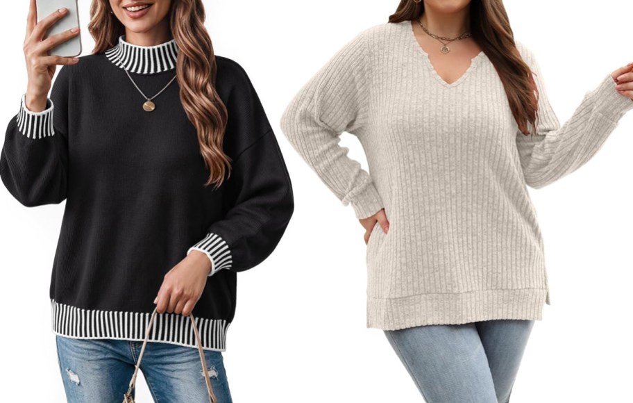 SunnyMelody Oversized Striped Sweater and Gloria&Sarah Women’s Plus Size V-Neck Sweater