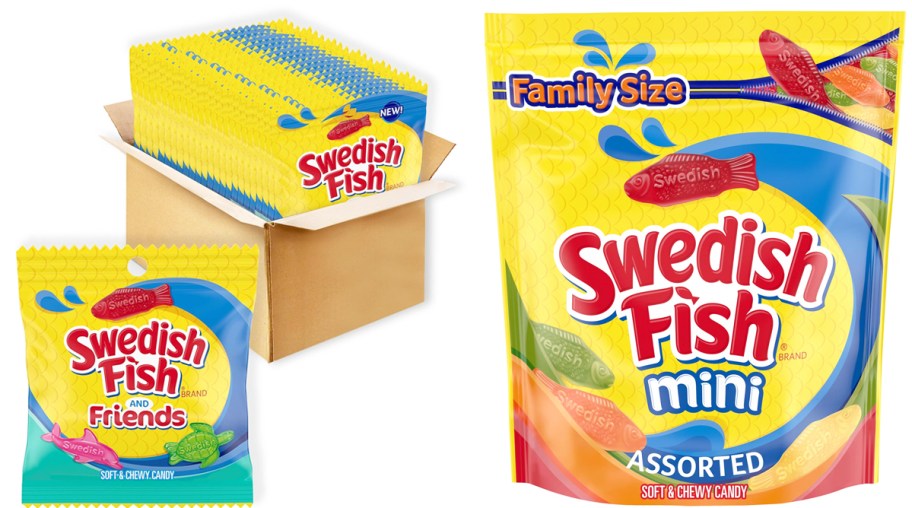 box of mini bags and large bag of Swedish Fish candies