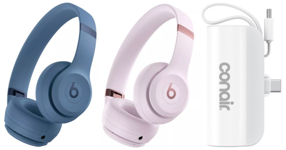 headphones and power charging bank