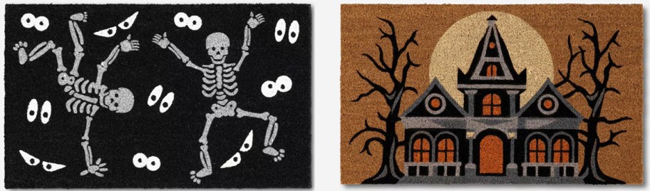 skeleton and haunted house halloween doormats