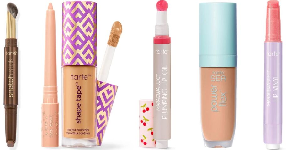 Stock images of tarte Snatch Stick, Fake Awake, Shape Tape, Maracuja Juicy Lip Oil, Sea Powere Flex Concealer, and Maracuja Juicy Lip Vinyl. 