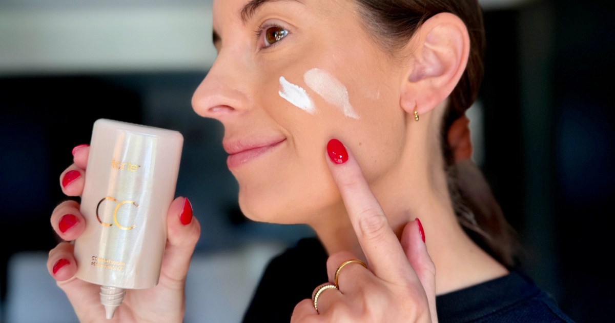 woman wearing color-correcting tinted serum