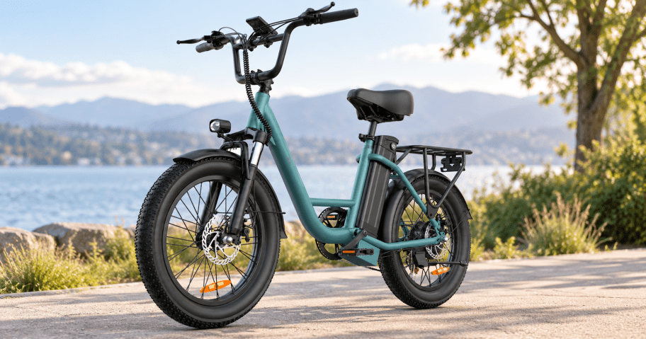 Teal URLIFE 750W E20 Electric Bike by waterfront