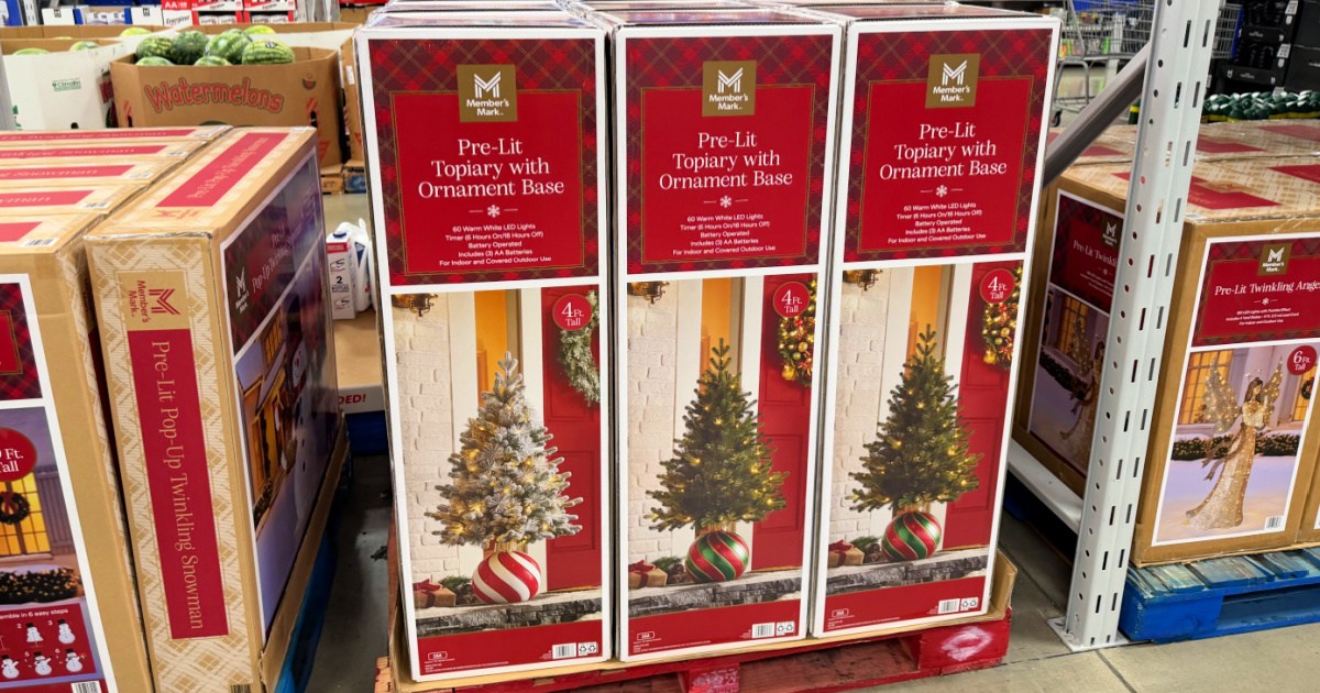 Members Mark pre-lit topiary with ornament base on display inside Sam's Club