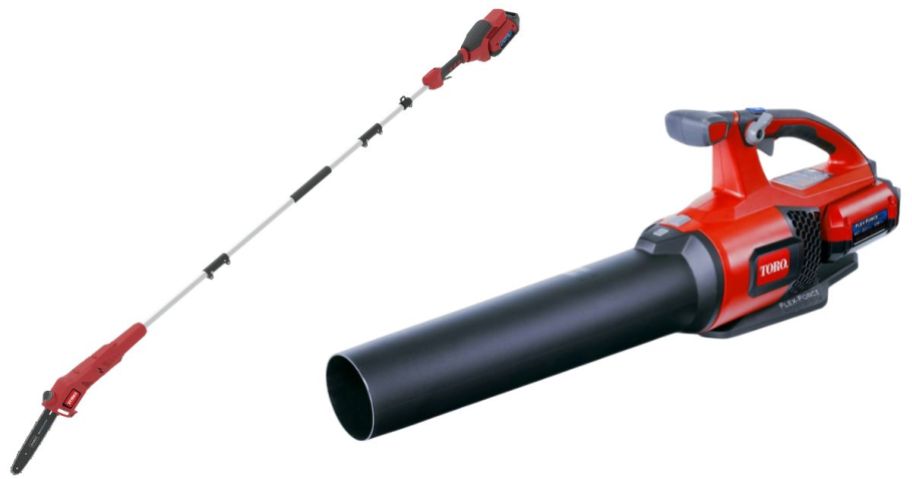 Toro Flex-Force 60V Max 10 2 Ah Battery Pole Saw and leaf blower