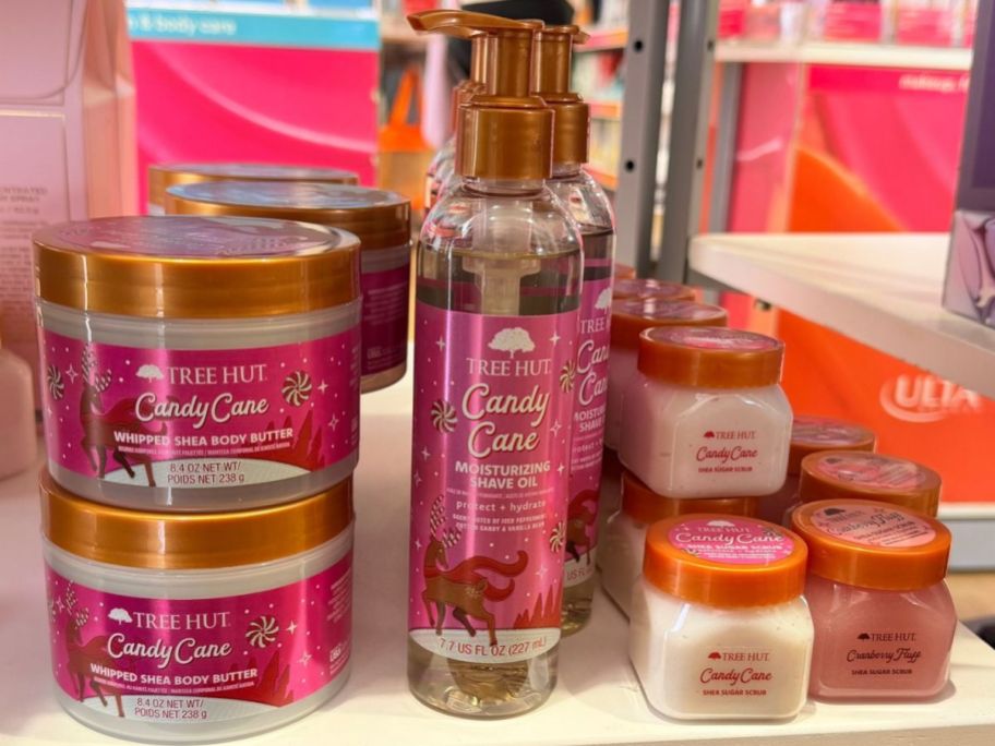 Tree Hut Candy Cane Body Butter and Shave Oil and Mini Candy Cane and Cranberry Fluff Sugar Scrubs
