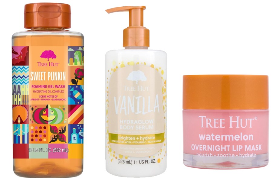 tree hut body wash, serum, and lip mask