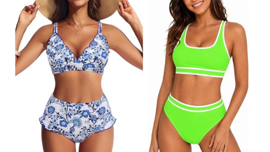 Two piece bathing suit sets in different styles and colors