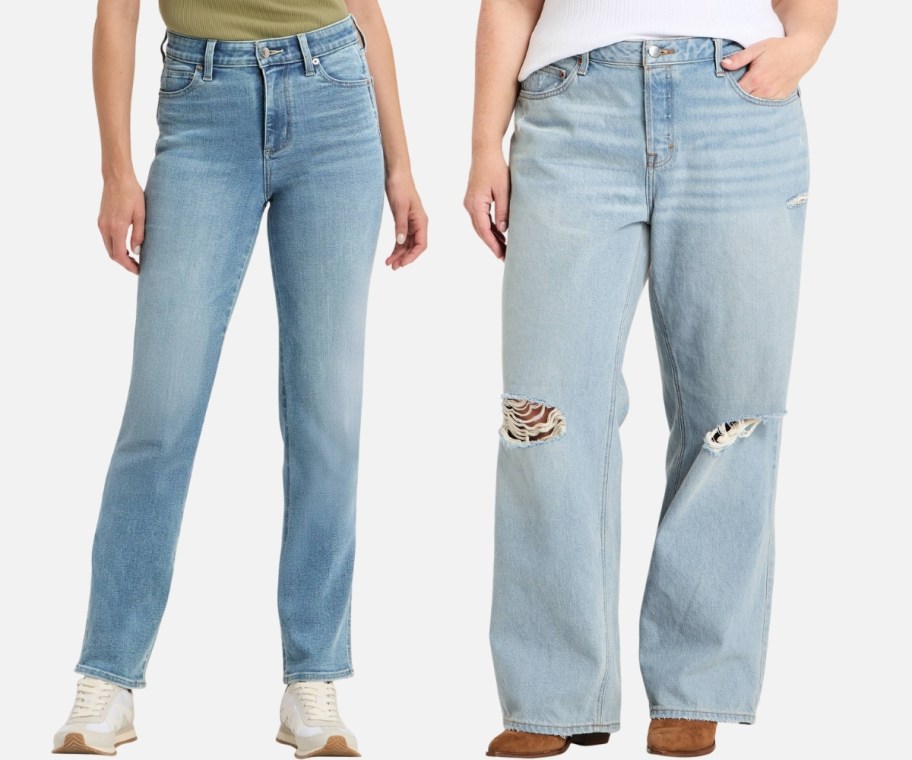 women wearing blue jeans