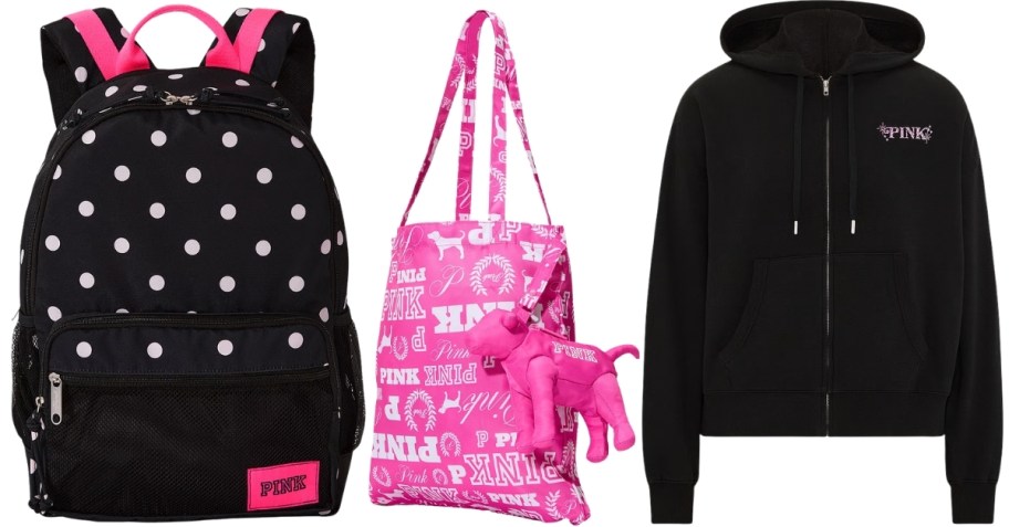 a backpack, tote bag and hooded sweatshirt