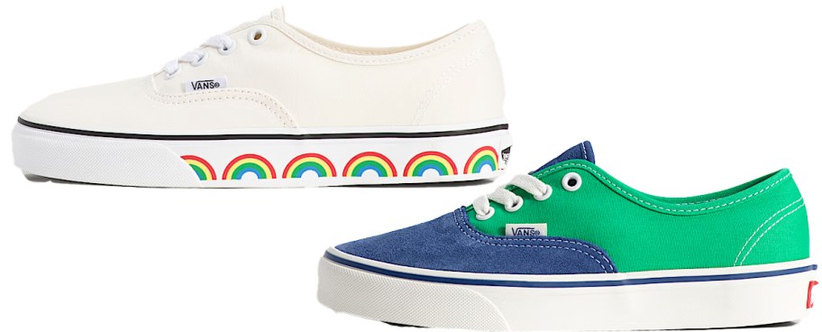 white with rainbows and blue/green pairs of sneakers