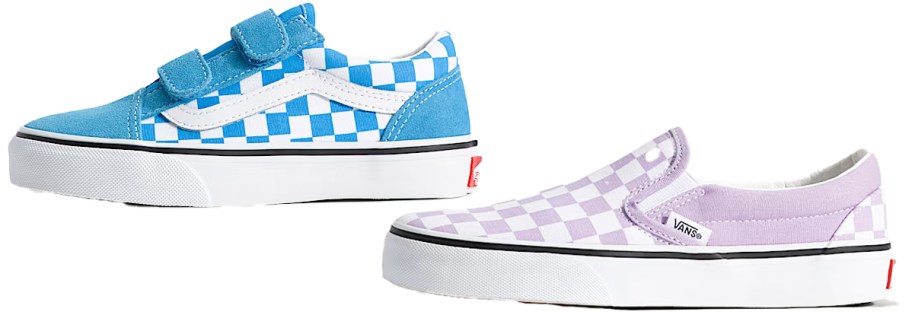 blue and purple checkerboard sneakers