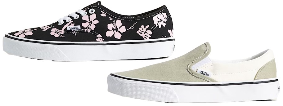 flower print and tan slip on sneakers