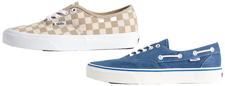 tan checkerboard and blue suede sneakers