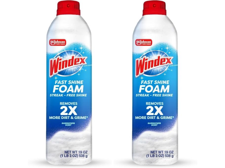 Stock images of two bottles of Windex Fast Shine Foam Cleaner